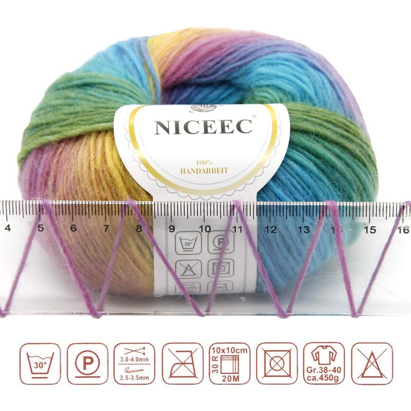 NICEEC 2 Skeins Rainbow Soft Yarn 100% Wool Gradient Multi Color Yarn for Crocheting Knit Total Length 180mÃ—2(196ydsÃ—2,50gÃ—2)-24 - Image 3